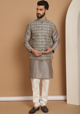 Grey Woven Design Silk Kurta Set For Men