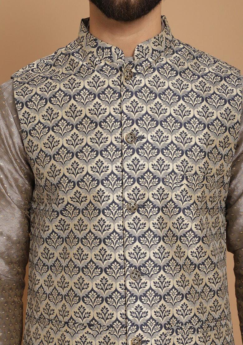 Grey Woven Design Silk Kurta Set For Men - Indya