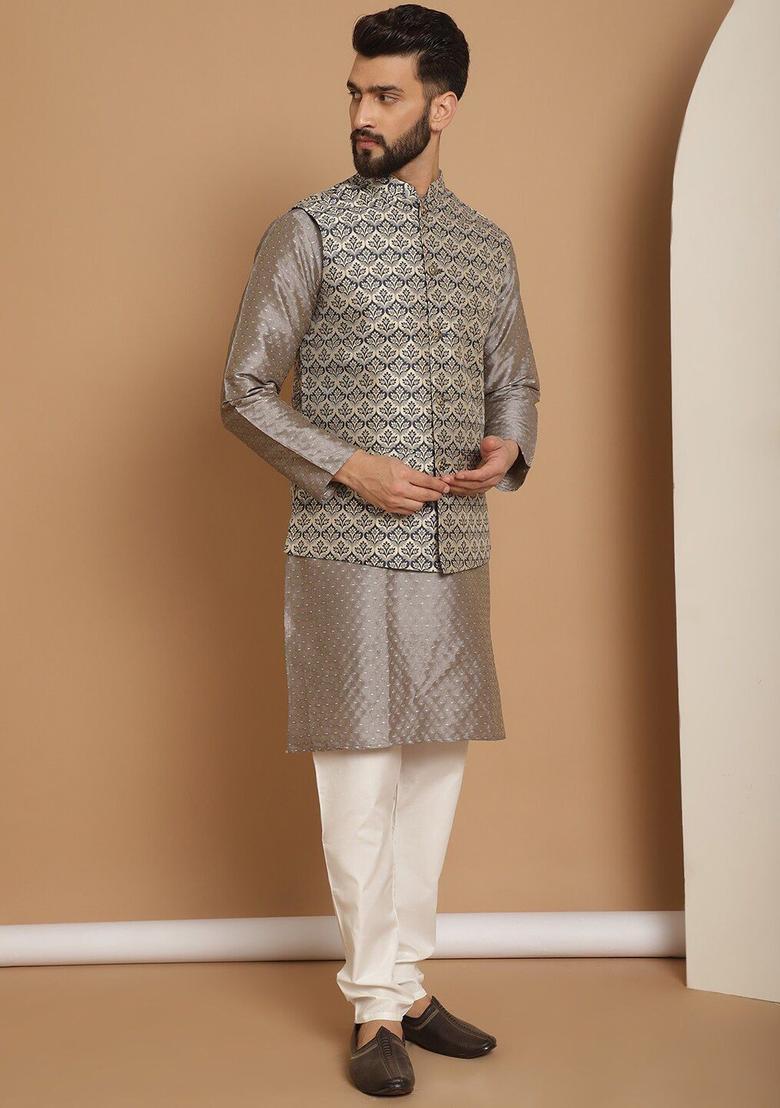 Grey Woven Design Silk Kurta Set For Men - Indya