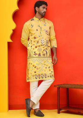 Yellow Embroidered Silk Kurta Set For Men