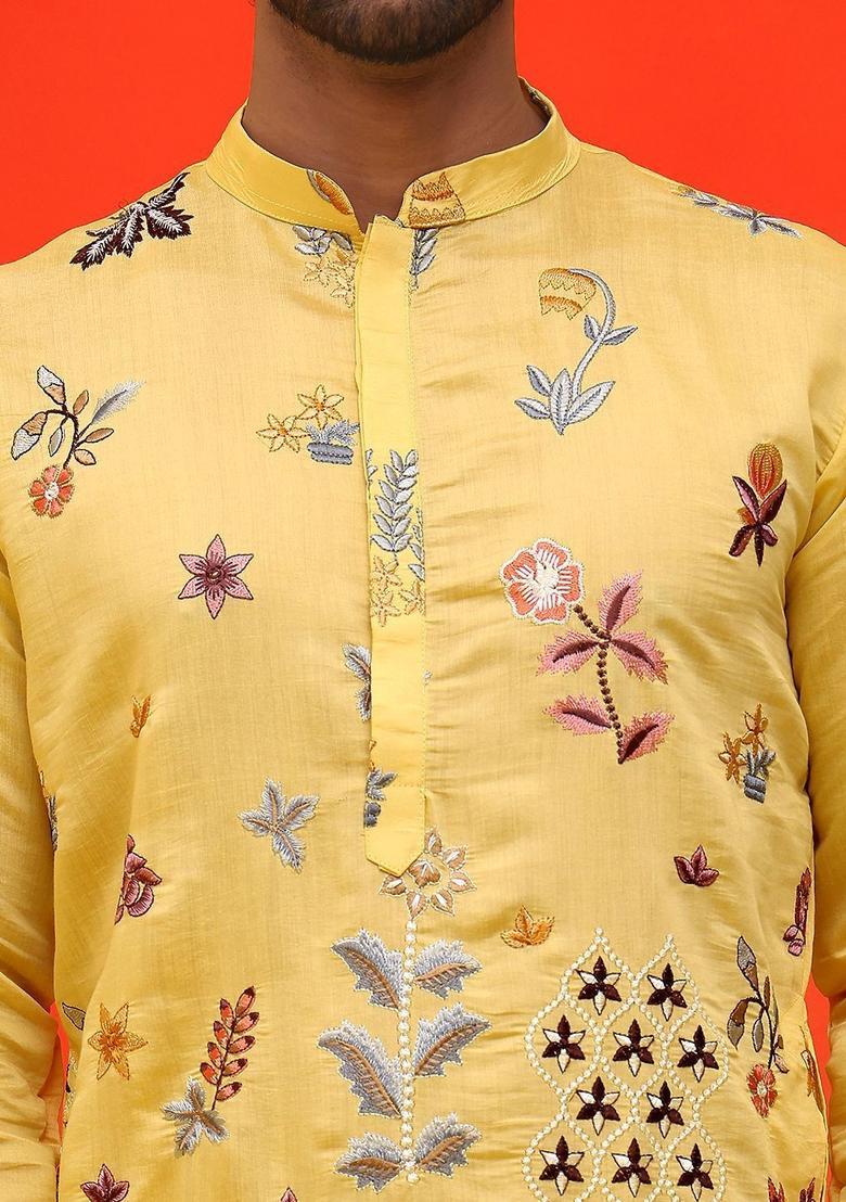 Yellow Embroidered Silk Kurta Set For Men - Indya