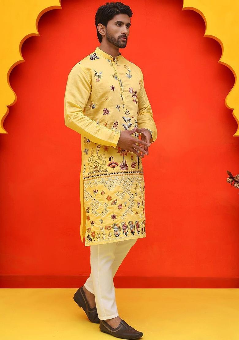 Yellow Embroidered Silk Kurta Set For Men - Indya
