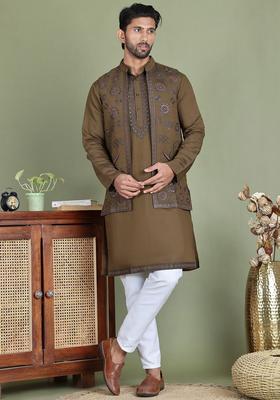 Olive Embroidered Cotton Kurta Set For Men