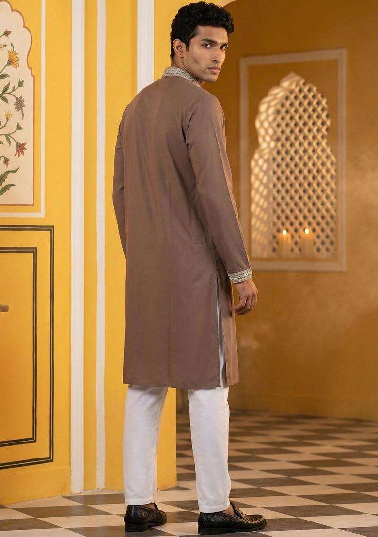 Brown Embroidered Silk Blend Kurta Set For Men - Indya