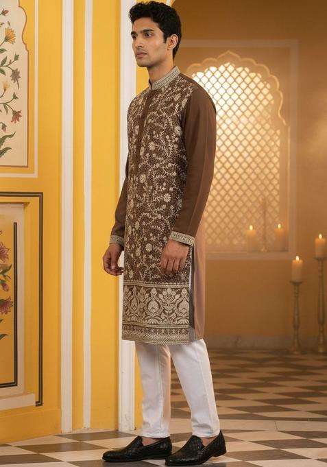 Brown Embroidered Silk Blend Kurta Set For Men