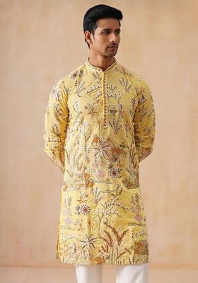 Yellow Embroidered Viscose Kurta Set For Men