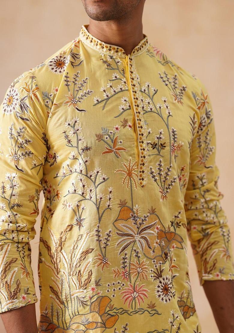Yellow Embroidered Viscose Kurta Set For Men - Indya