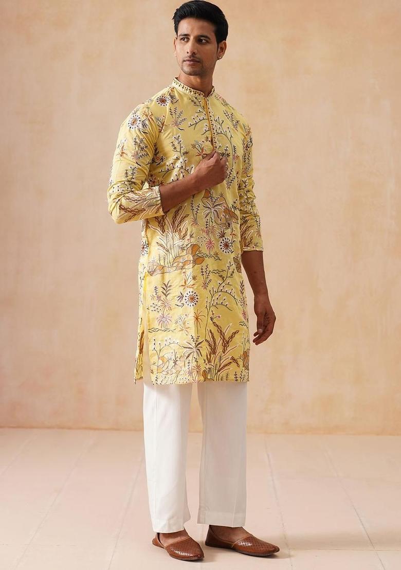 Yellow Embroidered Viscose Kurta Set For Men - Indya