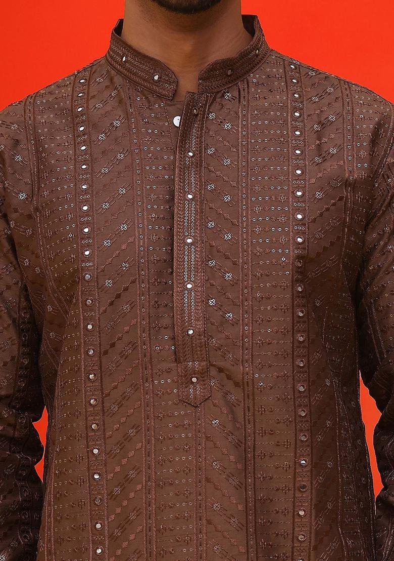 Brown Embroidered Silk Kurta Set For Men - Indya