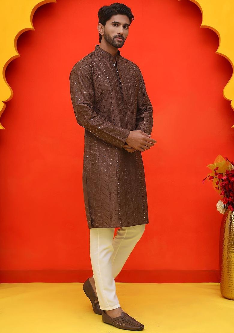 Brown Embroidered Silk Kurta Set For Men - Indya