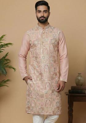 Pink Embroidered Silk Kurta Set For Men