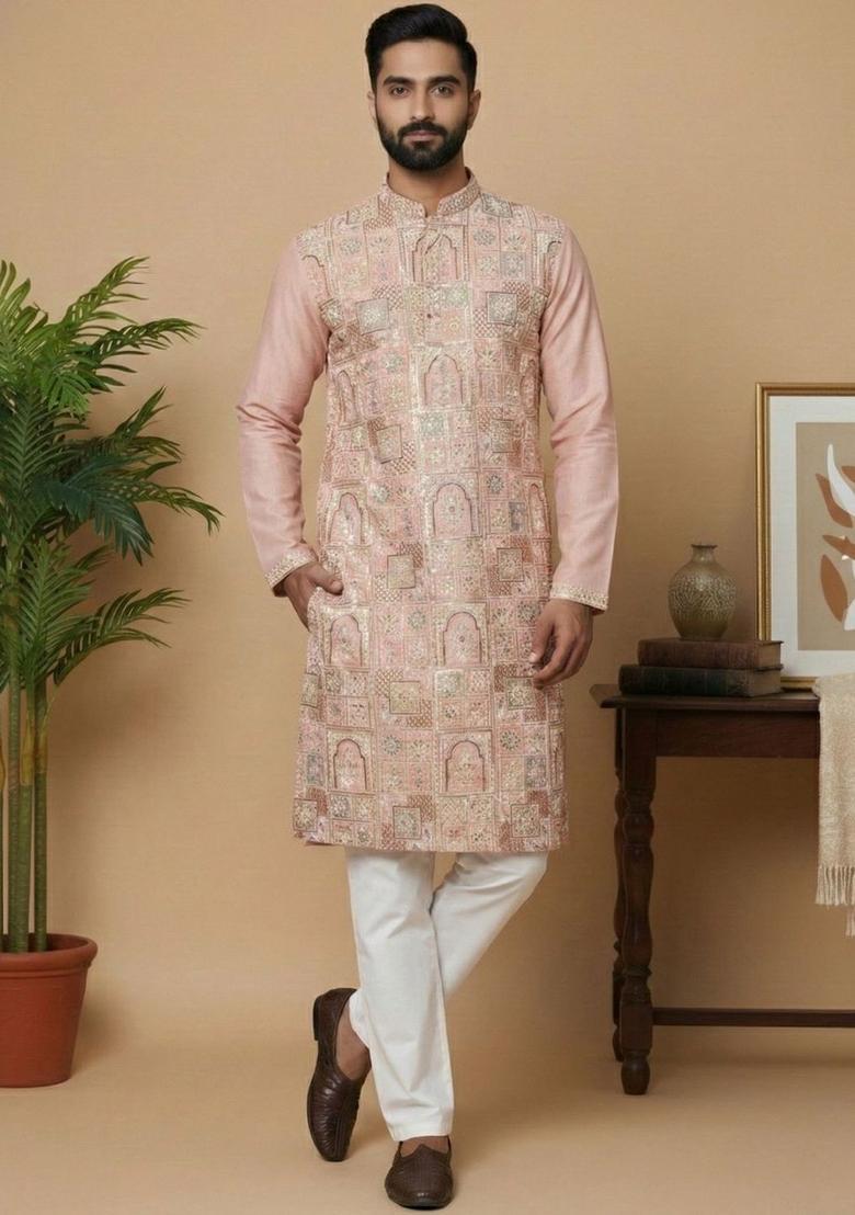 Pink Embroidered Silk Kurta Set For Men - Indya