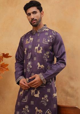 Purple Embroidered Silk Kurta Set For Men