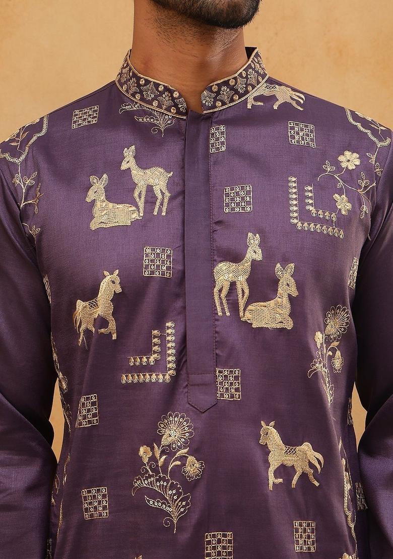Purple Embroidered Silk Kurta Set For Men - Indya