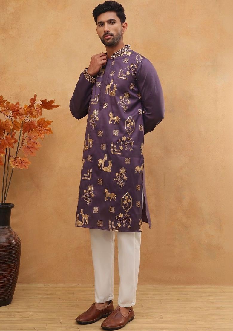Purple Embroidered Silk Kurta Set For Men - Indya
