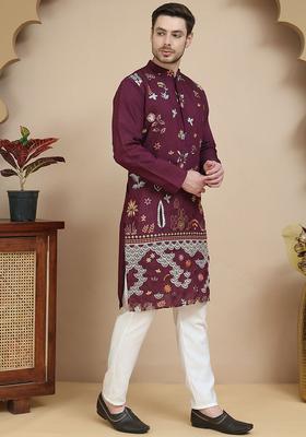 Purple Embroidered Silk Kurta Set For Men