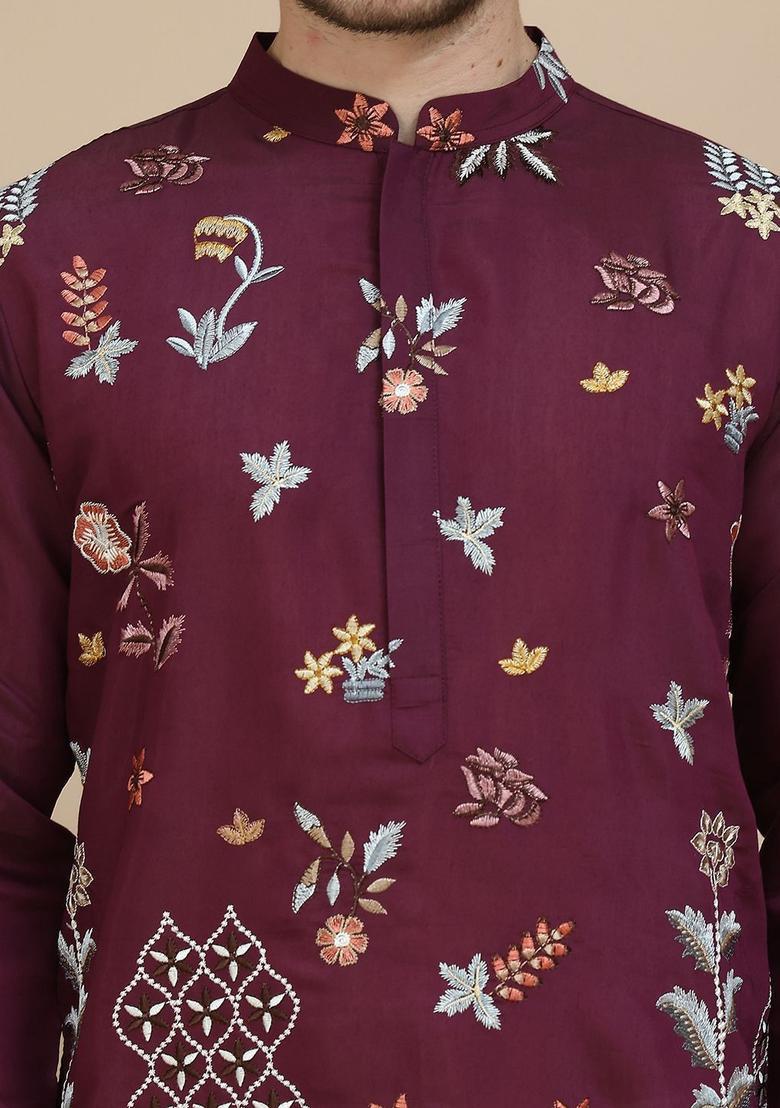 Purple Embroidered Silk Kurta Set For Men - Indya