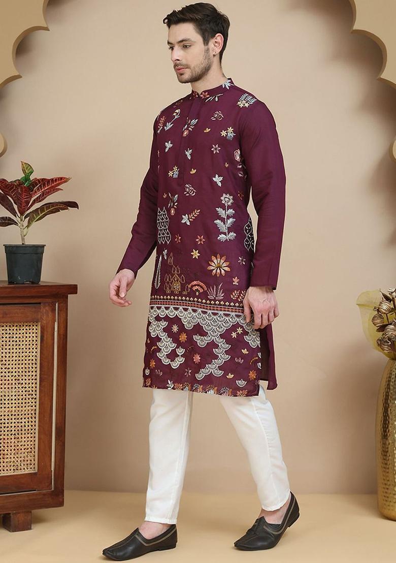 Purple Embroidered Silk Kurta Set For Men - Indya