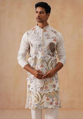 White Embroidered Viscose Kurta Set For Men