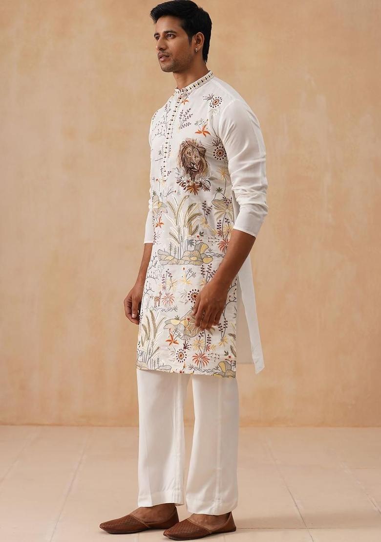 White Embroidered Viscose Kurta Set For Men - Indya