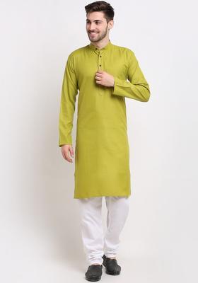 Olive Solid Cotton Kurta Set For Men