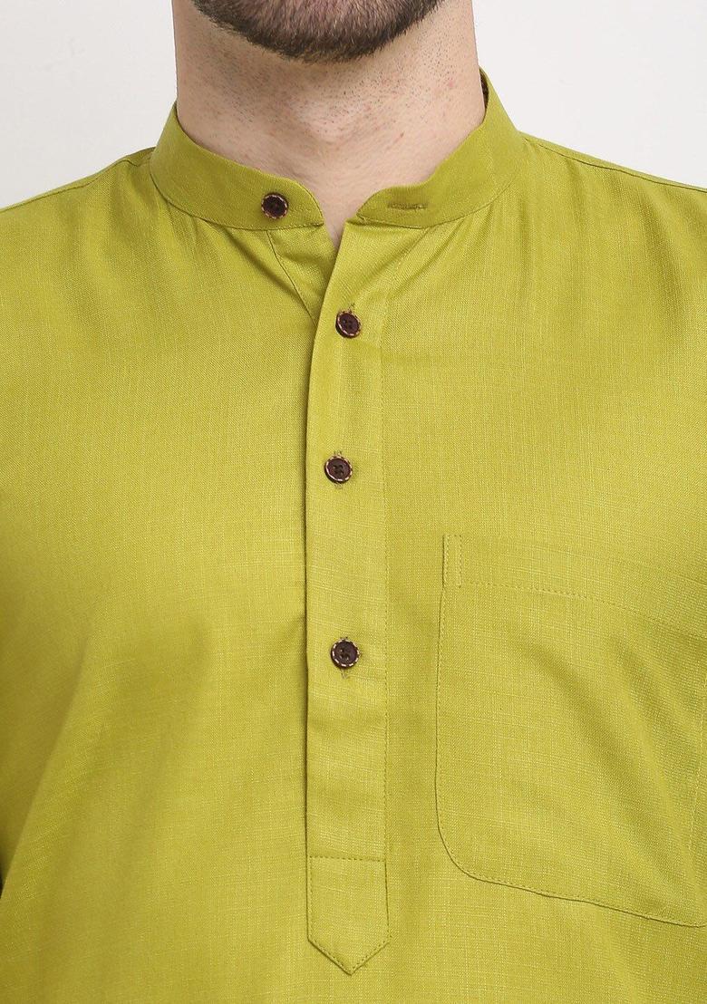 Olive Solid Cotton Kurta Set For Men - Indya