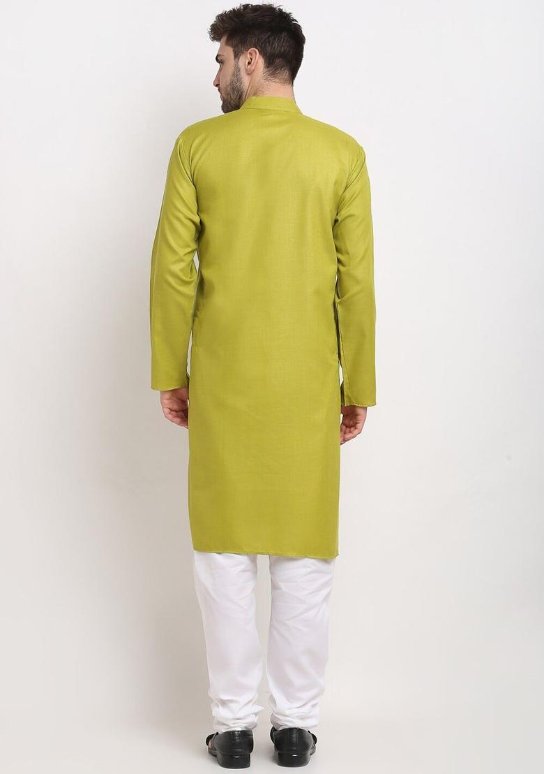 Olive Solid Cotton Kurta Set For Men - Indya