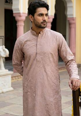 Peach Embroidered Silk Kurta Set For Men