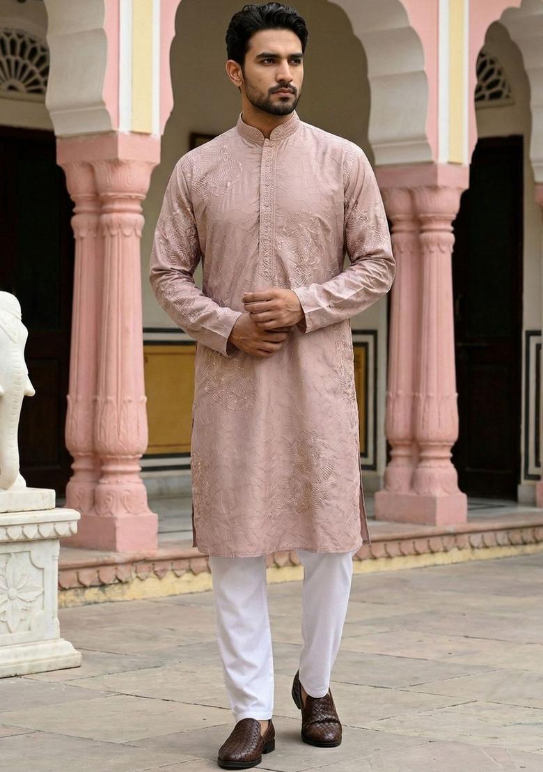 Peach Embroidered Silk Kurta Set For Men - Indya