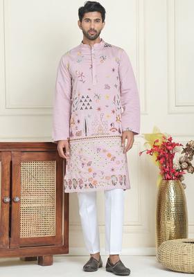 Pink Embroidered Silk Kurta Set For Men