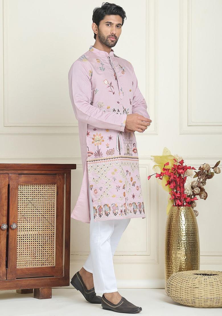 Pink Embroidered Silk Kurta Set For Men - Indya