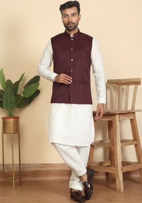 Beige Solid Cotton Kurta Set For Men