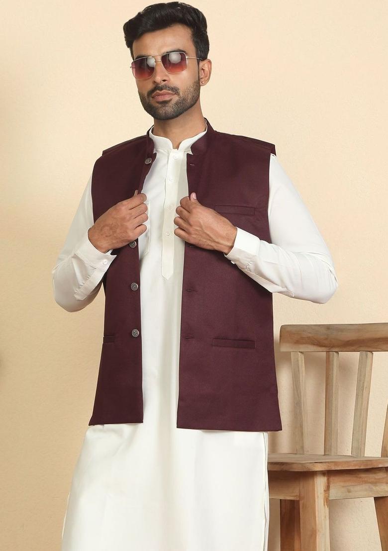 Beige Solid Cotton Kurta Set For Men - Indya