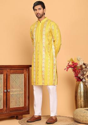 Yellow Embroidered Silk Kurta Set For Men