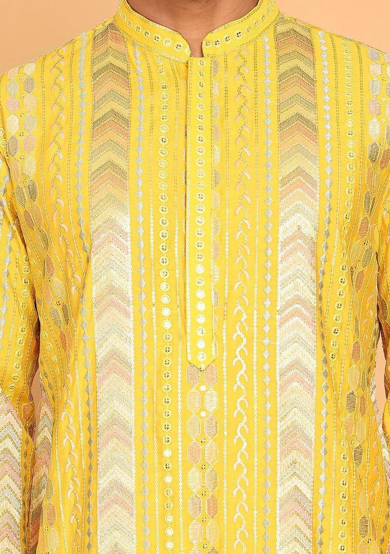 Yellow Embroidered Silk Kurta Set For Men - Indya