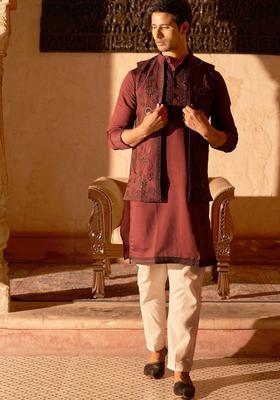 Brown Embroidered Cotton Kurta Set For Men