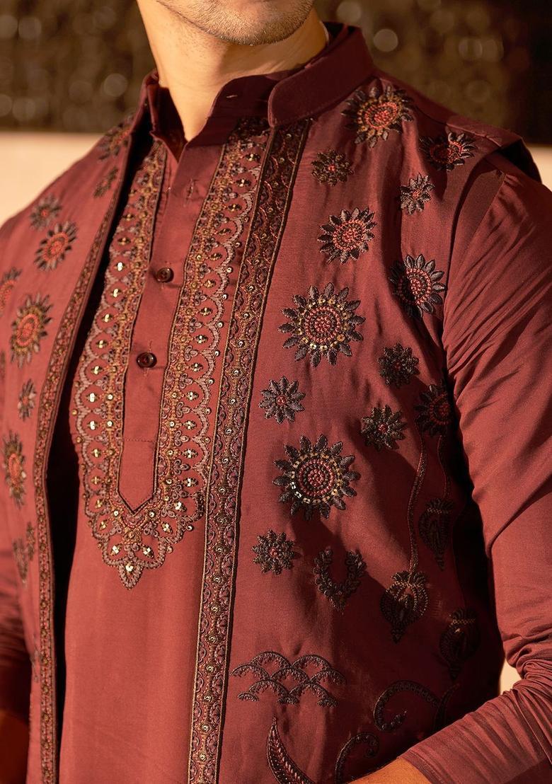Brown Embroidered Cotton Kurta Set For Men - Indya
