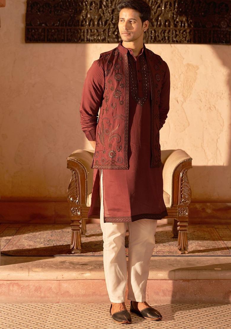 Brown Embroidered Cotton Kurta Set For Men - Indya