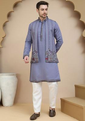 Purple Embroidered Silk Kurta Set For Men