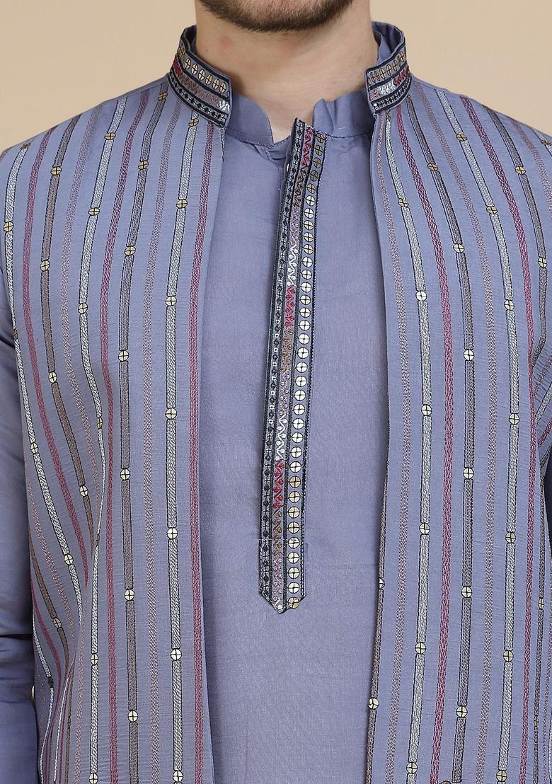 Purple Embroidered Silk Kurta Set For Men - Indya