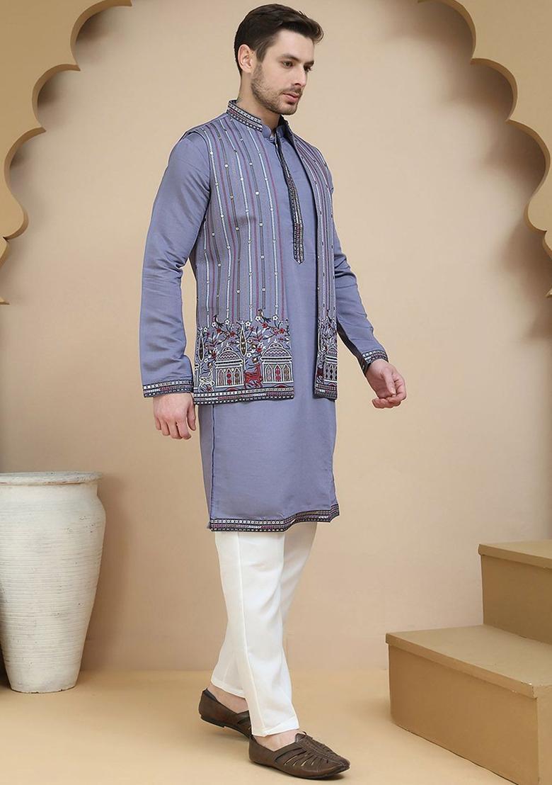 Purple Embroidered Silk Kurta Set For Men - Indya