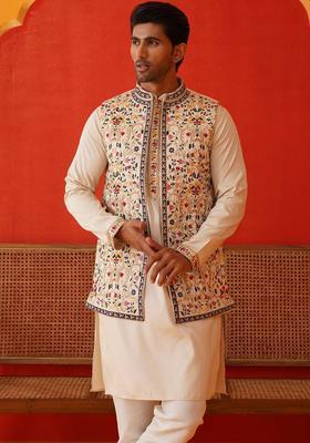 Beige Solid Cotton Kurta Set For Men