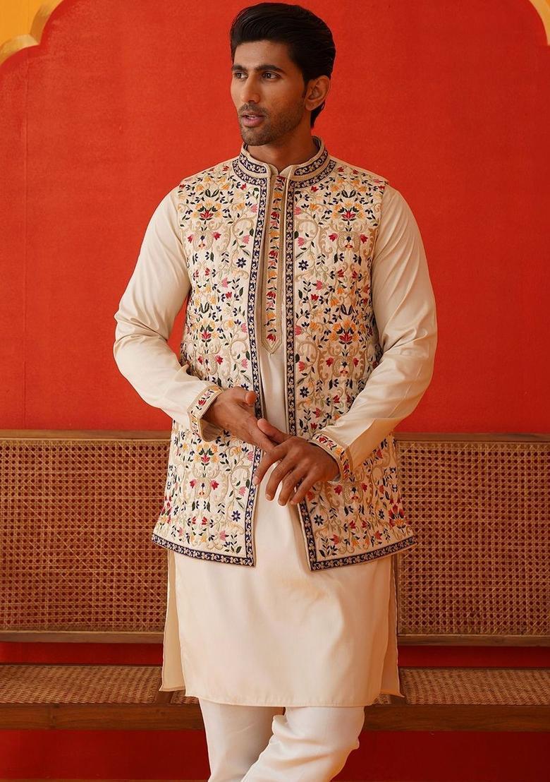 Beige Solid Cotton Kurta Set For Men - Indya