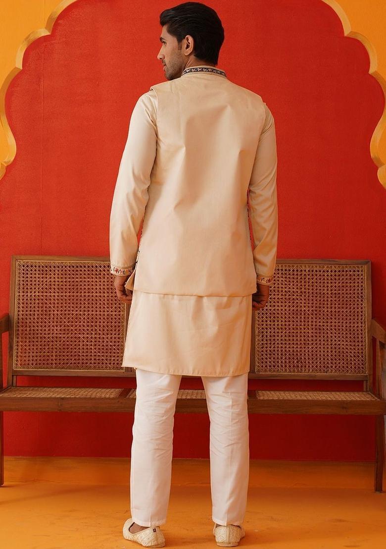 Beige Solid Cotton Kurta Set For Men - Indya