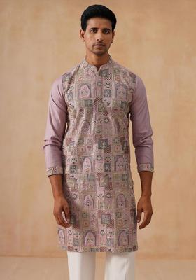 Peach Embroidered Silk Kurta Set For Men
