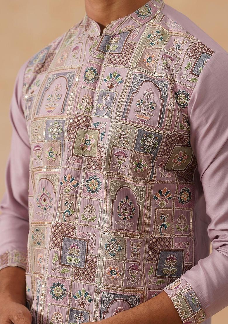 Peach Embroidered Silk Kurta Set For Men - Indya