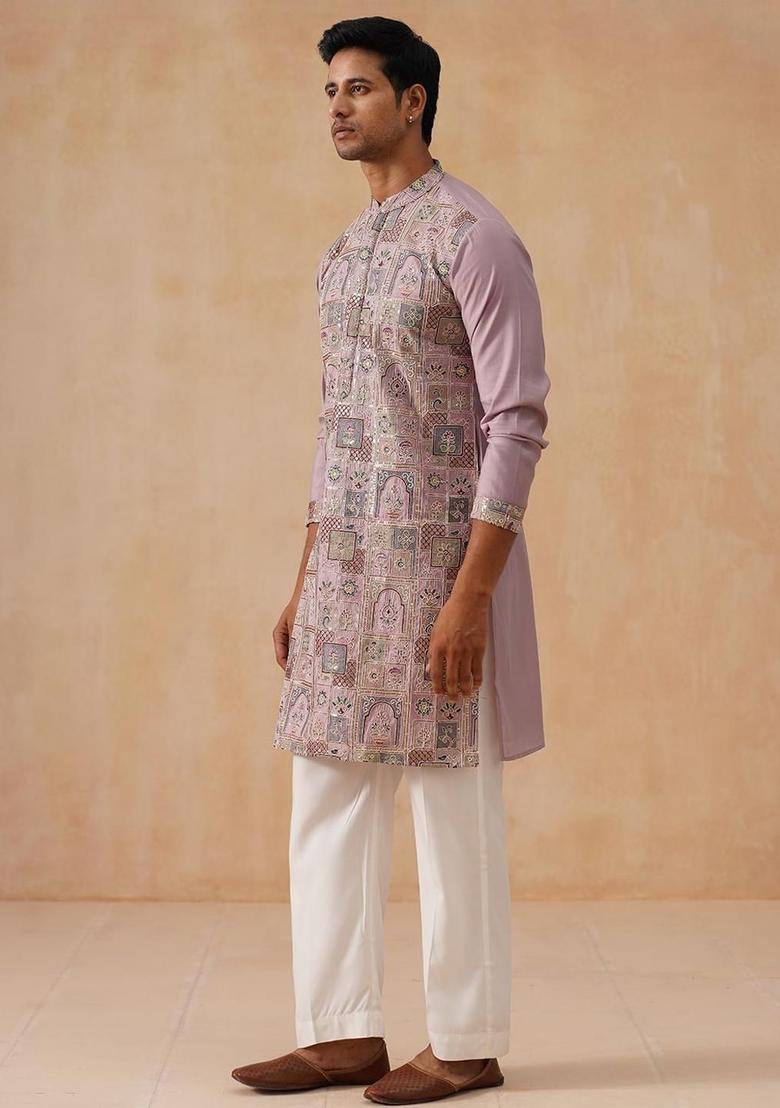 Peach Embroidered Silk Kurta Set For Men - Indya