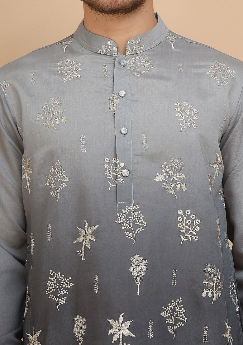 Grey Embroidered Silk Kurta Set For Men - Indya