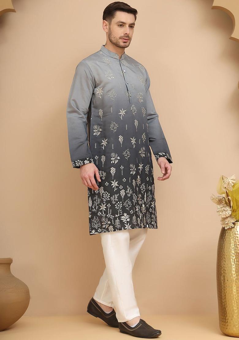 Grey Embroidered Silk Kurta Set For Men - Indya