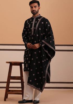 Black Printed Silk Kurta Set For Men